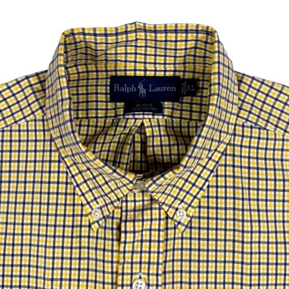 Ralph Lauren Blake Button Down Shirt Yellow Navy Check Cotton Mens XL - Picture 2 of 5